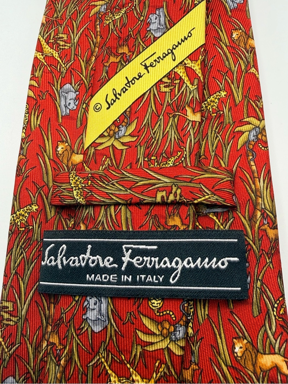 Salvatore Ferragamo Red Silk Tie with Jungle Animal Motif